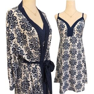 Laura Ashley 2-PC Floral Nightgown Robe Set Womens L Blue Soft Stretch Sleepwear